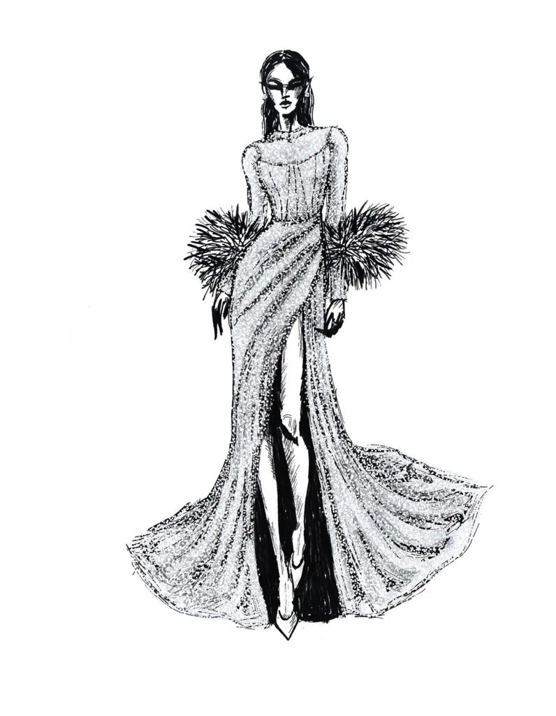 El boceto del vestido de María Gorof que usó Natalia Oreiro. 