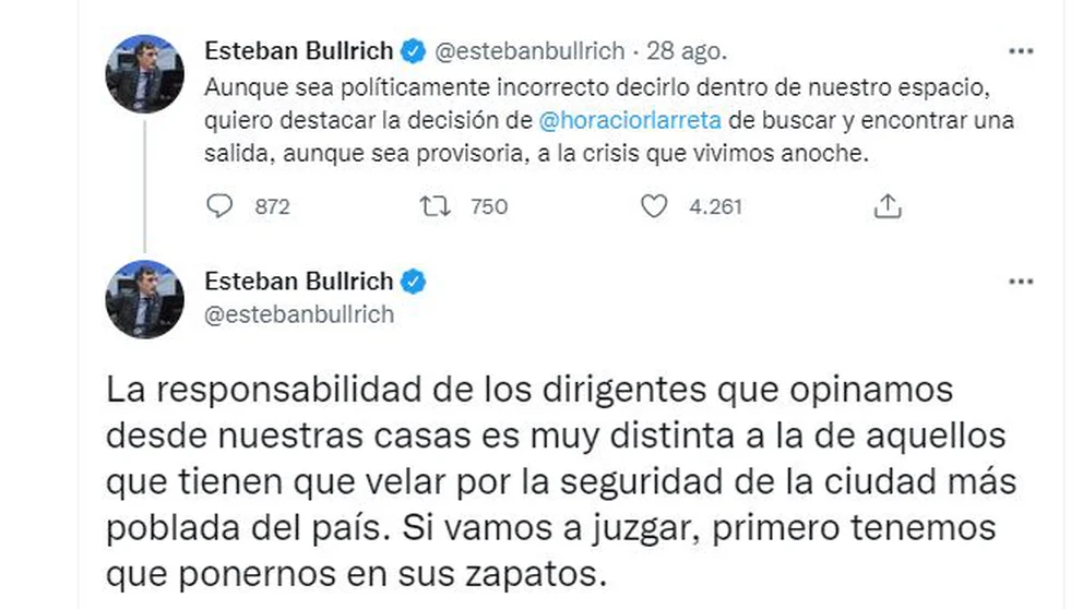 El hilo de Twitter que puiblicó Esteban Bullrich antes de ser internado. 