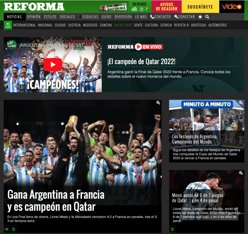 Reforma de México cubre el título de Argentina en Qatar