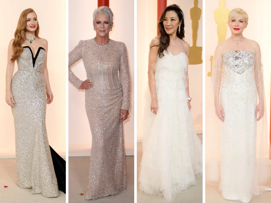 De Izquierda a Derecha: Jessica Chastain (Gucci); Jamie Lee Curtis (Dolce & Gabbana); Michelle Yeoh (Dior); Michelle Williams (Chanel).