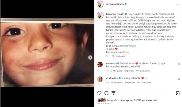 Tamara Pettinato greeted her brother Felipe for his birthday.  Screenshot