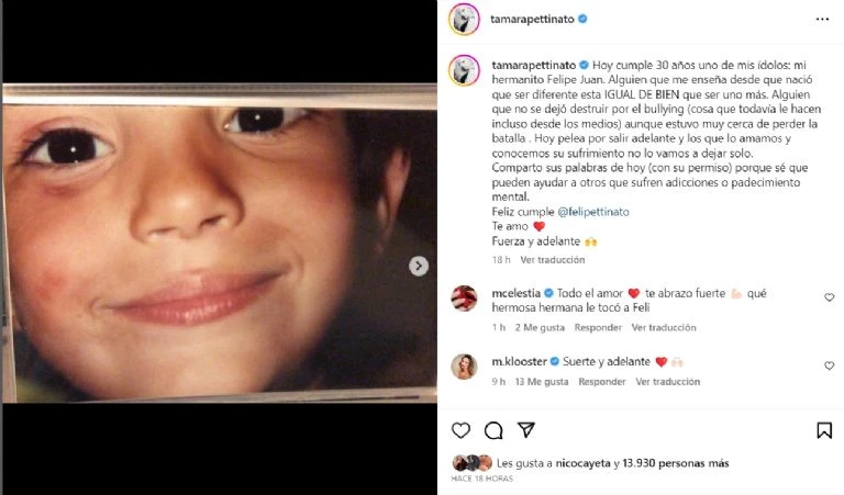 Tamara Pettinato saludó a su hermano Felipe por su cumpleaños. Captura de pantalla