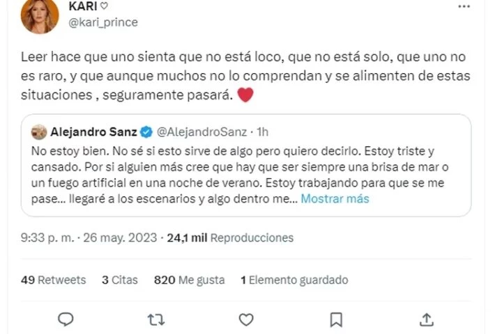 Karina's message to Alejandro Sanz.  Photo screenshot.