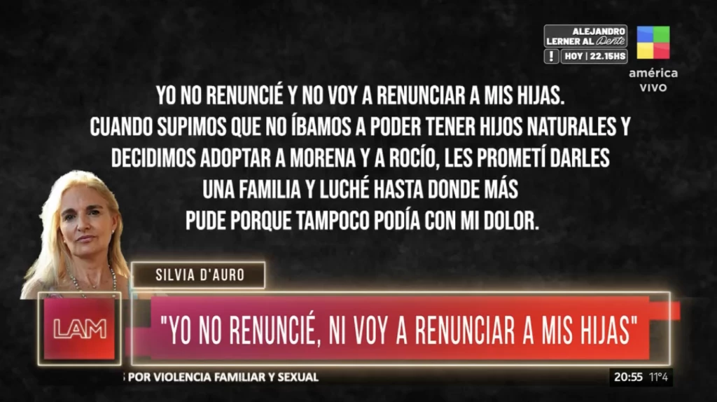 Declaraciones de Silvia D'Auro en la entrevista con Fernanda Iglesias. 