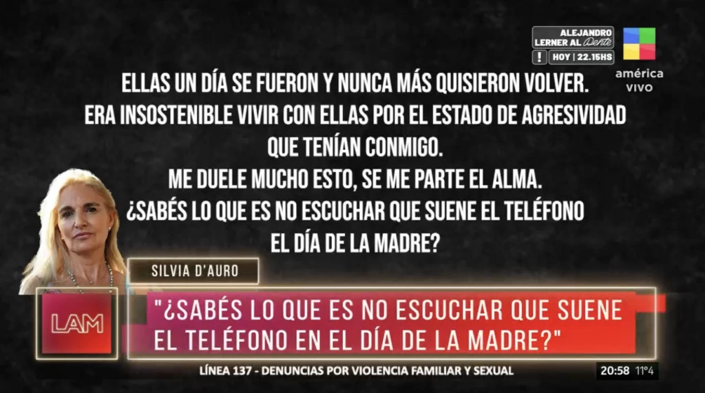 Declaraciones de Silvia D'Auro en la entrevista con Fernanda Iglesias.