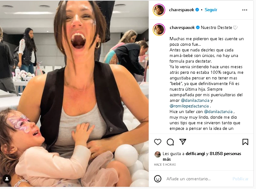 Posteo de Paula Chaves festejó junto a su hija. Captura de pantalla. 