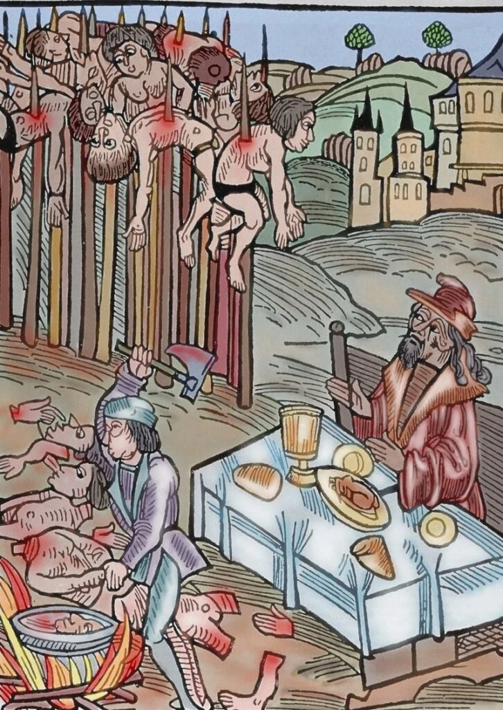 Vlad el Empalador almorzando mientras observa a sus víctimas, en grabado germánico de 1560 coloreado.