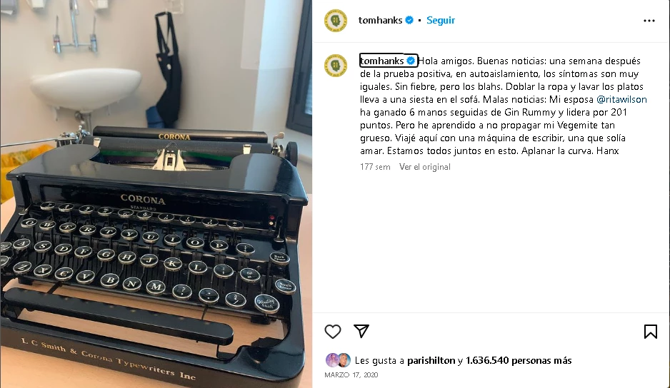 Tom Hanks, coleccionista de máquinas de escribir. Foto redes sociales. 