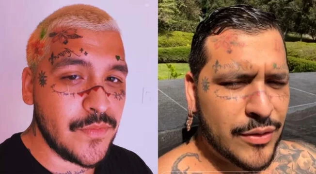 Antes y después de los tatuajes de Nodal en el rostro, aún no son eliminados del todo.
